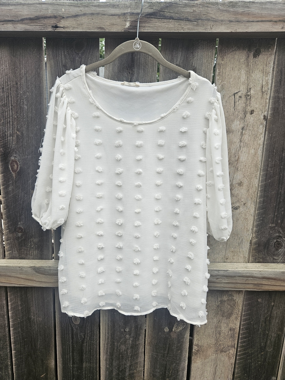 Les Amies Women's Puffed Sleeves Sheer Blouse Cream Medium Romantic Pom Pom